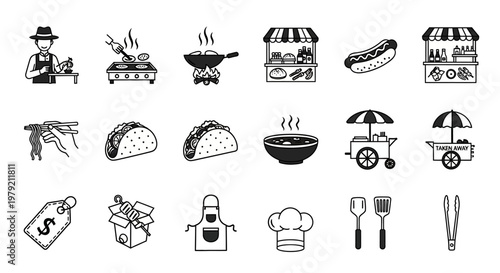 Street Food Icons: Vendor, Hot Dog, Tacos, Wok, Cart, Chef Hat