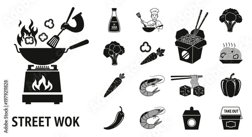 Street Wok Food Icons: Cooking, Ingredients, Takeout