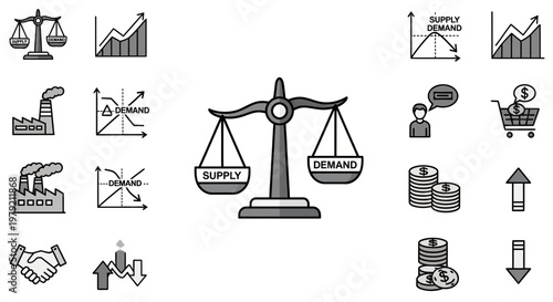 Supply and Demand Balance Scale with Business Graphs and Icons