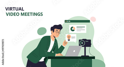 Virtual Video Meetings: Man Working Online with Laptop and Camera