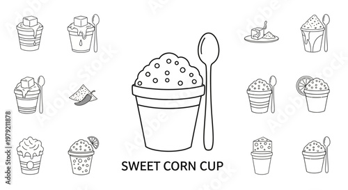 Sweet Corn Cup Icon Set: Delicious Snack Illustration