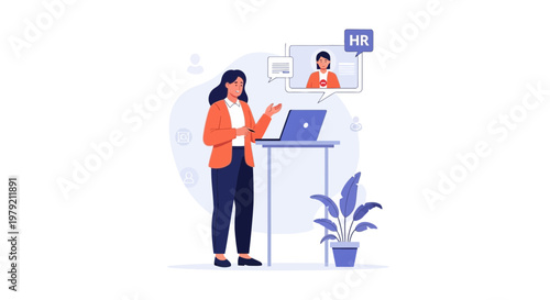 Woman HR manager conducting online interview via video call on laptop