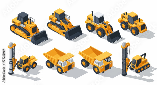 Collection of isometric construction vehicles and equipment on a white background.