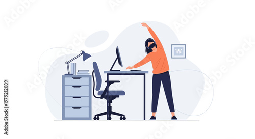Woman stretching at home office desk, work-life balance, healthy lifestyle
