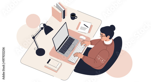 Woman working on laptop at desk, home office, remote work, illustration
