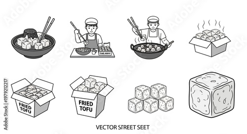 Vector Street Food Fried Tofu Set: Cooking, Serving, and Packaging