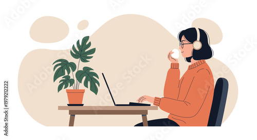 Woman working on laptop with headphones and coffee, Monstera plant, cozy home office