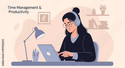 Woman Working on Laptop with Headphones, Time Management and Productivity Concept