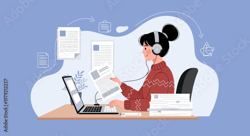Woman working remotely with headphones, laptop, and documents, modern flat illustration