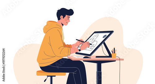 Young man drawing on a digital tablet, creative artist at work, illustration