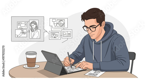 Young man drawing storyboard on tablet, coffee cup, creative process, illustration