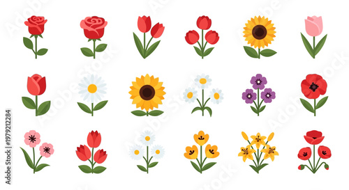 Vibrant Flower Collection: Roses, Tulips, Sunflowers, Daisies & Poppies Vector Art