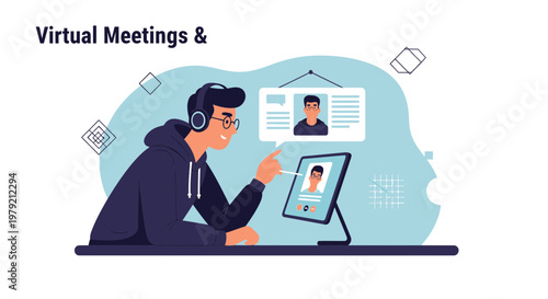 Young man in headphones attending virtual meeting on tablet, online communication