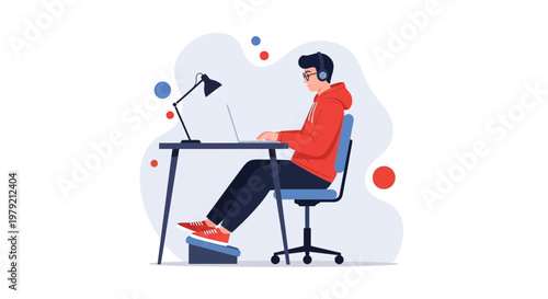 Young man wearing headphones working on laptop at desk, modern flat illustration