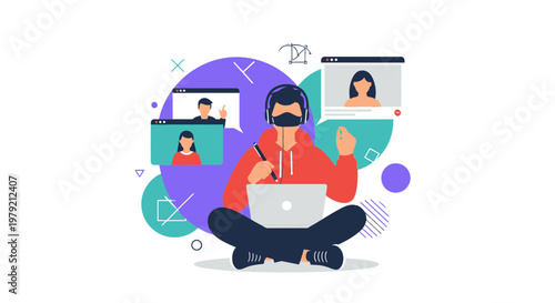 Young man with headphones and mask learning online on laptop, video calls