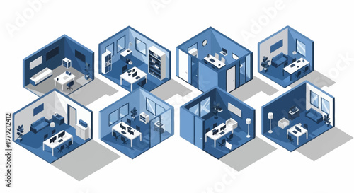 Isometric illustration of multiple office cubicles and rooms, showcasing a modern workspace design.