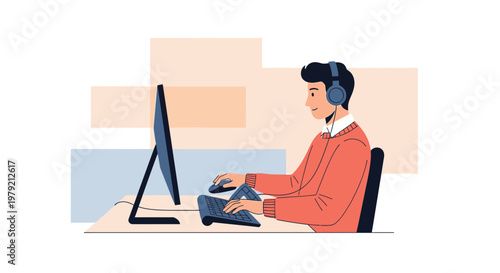 Young man with headphones working on computer, modern office setup, focused on task