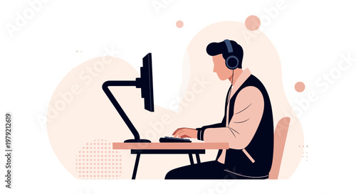 Young man with headphones working on computer at desk, modern flat illustration