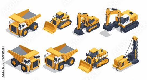 Collection of isometric construction vehicles including dump trucks, excavators, bulldozers, and drilling rigs.