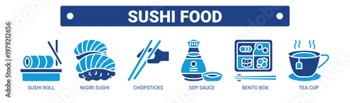 Sushi Food web banner icon vector illustration concept with icons of sushi roll, nigiri sushi, chopsticks, soy sauce, bento box, and tea cup. 