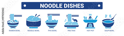 Noodle Dishes web banner icon vector illustration concept with icons of ramen bowl, noodle bowl, pho bowl, pad thai, hot pot, and soup bowl. 