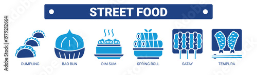 Street Food web banner icon vector illustration concept with icons of dumpling, bao bun, dim sum, spring roll, satay, and tempura. 