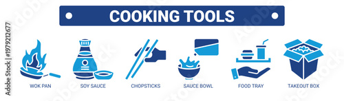 Cooking Tools web banner icon vector illustration concept with icons of wok pan, soy sauce, chopsticks, sauce bowl, food tray, and takeout box. 