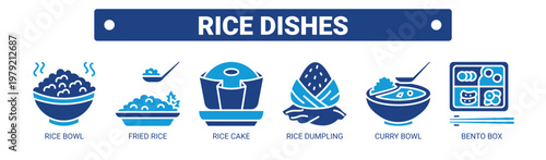Rice Dishes web banner icon vector illustration concept with icons of rice bowl, fried rice, rice cake, rice dumpling, curry bowl, and bento box. 