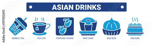 Asian Drinks web banner icon vector illustration concept with icons of bubble tea, tea cup, fortune cookie, rice cake, bao bun, and dim sum. 