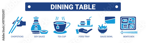 Dining Table web banner icon vector illustration concept with icons of chopsticks, soy sauce, tea cup, food tray, sauce bowl, and bento box. 