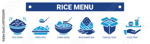 Rice Menu web banner icon vector illustration concept with icons of rice bowl, fried rice, curry bowl, rice dumpling, takeout box, and food tray. 