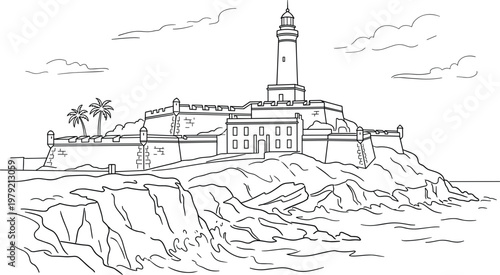Coastal lighthouse on rocky cliff with historic fortress walls overlooking ocean waves detailed line art illustration