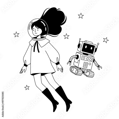Young Female Astronaut Floating in Space With Retro Robot Companion and Stars Illustration