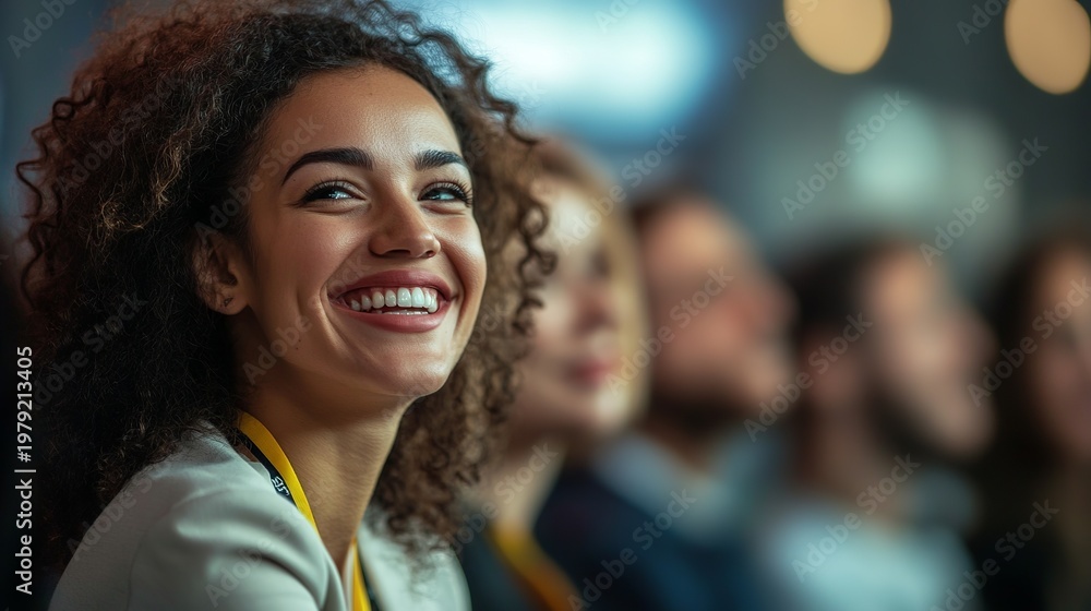 Obraz premium A smiling woman with curly hair attends a conference with a group of people in the background.