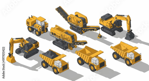 Collection of isometric construction and mining vehicles, including excavators, dump trucks, and a conveyor belt machine, isolated on a white background.