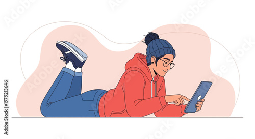 Young woman in beanie and hoodie lying down using a tablet, casual lifestyle illustration