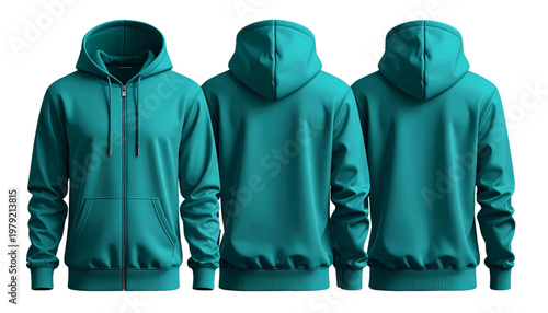 Three individuals wearing matching teal hooded jackets standing side by side Vector