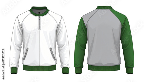 Stylish green and grey zip-up hooded jacket with long sleeves Vector