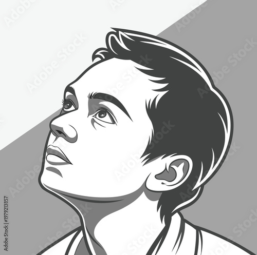 Minimalist Line Art Illustration of a Young Man Looking Upward, Vector Portrait