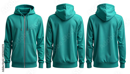 Teal puffer jacket displayed in three different angles for a full view Vector