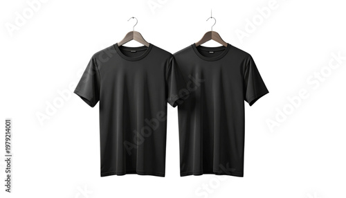 Black short-sleeved t-shirts displayed on hangers for casual wear Vector