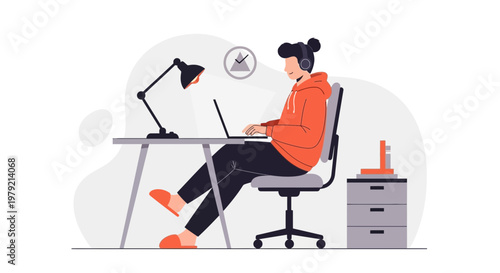 Young man with headphones working on laptop at desk, home office setup, focused on work