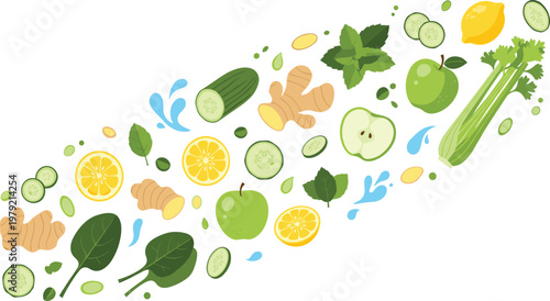 Green Detox Ingredients Flow Composition with Apple Lemon Cucumber Ginger Spinach and Celery for Healthy Juice Cleanse and Natural Nutrition Concept.