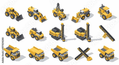 Collection of isometric construction vehicles and machinery, including excavators, dump trucks, and drills, isolated on a white background.