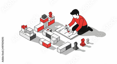 A person drawing a blueprint for building blocks and chess pieces, representing planning and creativity.