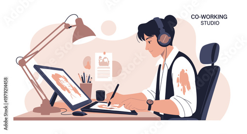 Young artist drawing on tablet in co-working studio, creative workspace
