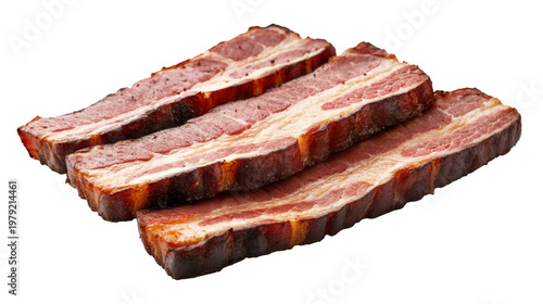 Smoked bacon slices raw cured meat strips delicious cooked fatty pork barbecue protein food for breakfast meal lunch.
