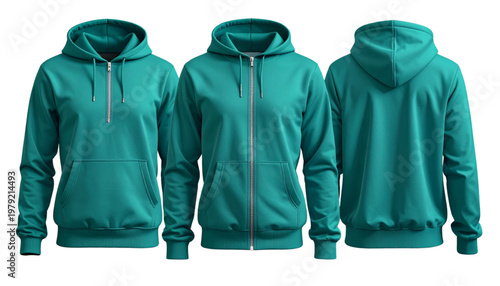 Three views of a teal-green zip-up jacket displayed side by side Vector