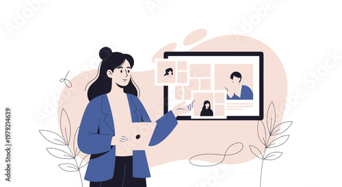 Woman presenting digital profiles on a screen, online recruitment concept