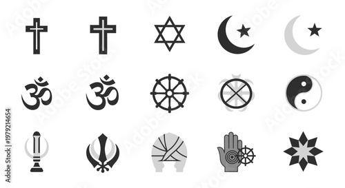 Religious symbols from various faiths displayed.